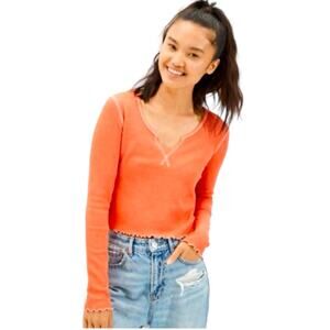 AEO American Eagle BFF Tee Waffle Knit Cropped Long Sleeve Small